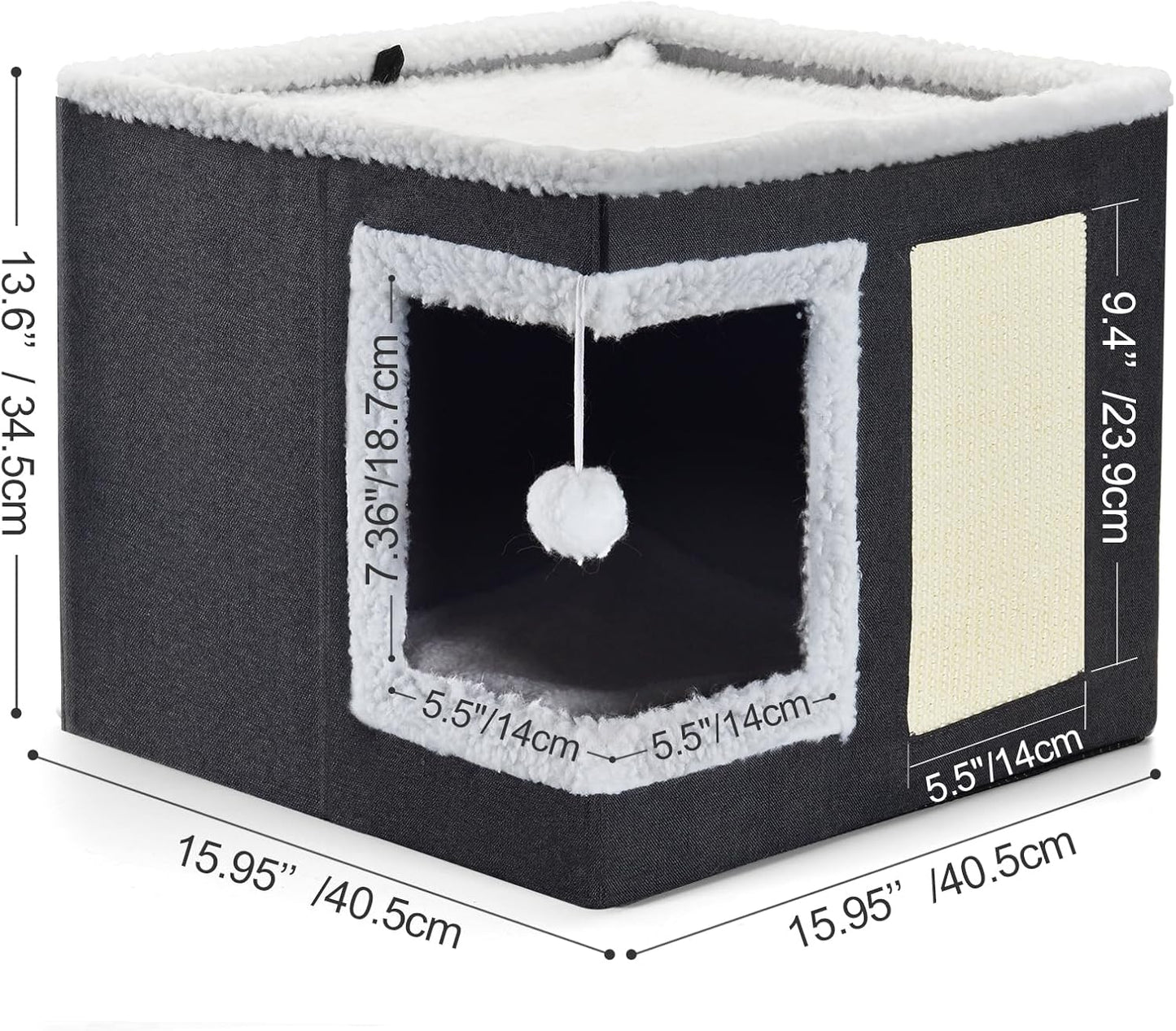 petizer Cat Bed for Indoor Cats, Large Covered Cat House with Scratch Pad, Foldable Cat Cave Bed & Hideaway Cube with Reversible Cushions, Cute Cat Condo for Multi Small Pet Kitten (Dark Grey)