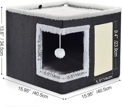 petizer Cat Bed for Indoor Cats, Large Covered Cat House with Scratch Pad, Foldable Cat Cave Bed & Hideaway Cube with Reversible Cushions, Cute Cat Condo for Multi Small Pet Kitten (Dark Grey)