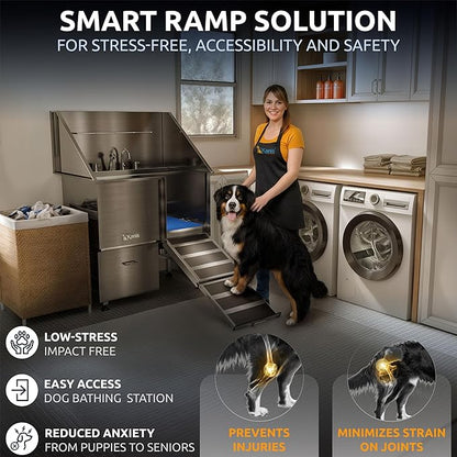 KANIS Professional Dog Washing Station - 304 Stainless Steel Pet Wash Sink & Grooming Bathtub w/Shower, Floor Grates and Storage for Large, Medium & Small Pets (40", 1 Drawer - Right Ramp)