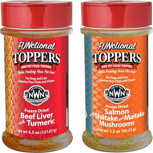 Northwest Naturals Freeze-Dried Functional Toppers - Beef Liver with Turmeric (4.5 oz), Salmon/Shiitake/Maitake Mushrooms (3.5 oz) - for Dogs and Cats, Human Grade Ingredients, All Natural