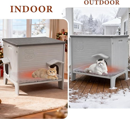 Cat House Outdoor with Cat Mat Large Weatherpoof Plastic Cats Houses with Escape Door Indoor Waterproof Feral/Pet Cat Shelter Outside for Multiple Cats (Grey)
