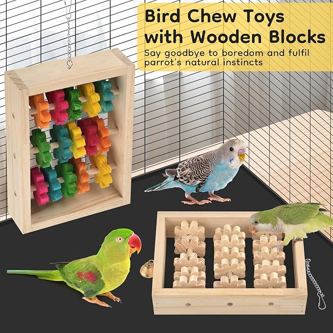 2Pcs Bird Toys, Hanging Parrot Chew Toy, Natural Wooden Chewing Puzzle Training Blocks Intellectual Development for Budgie, Conure, Lovebird, Cockatoo, African Grey, Amazon Parrots, Macaw