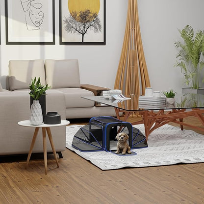 Katziela Rolling Rover Airline Compliant Expandable Premium Pet Carrier 6-Wheeled Baseboard Telescopic Handle Two-Sided Expandable Rolling Carrier Designed (Black- Blue Piping)