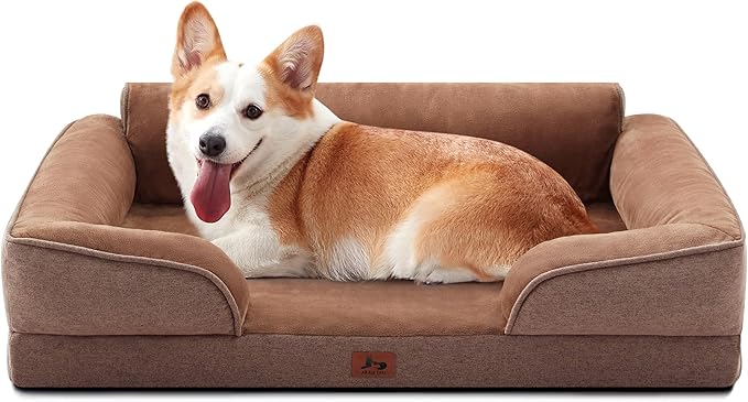 Orthopedic Dog Beds for Large Sized Dogs, Waterproof Egg-Crate Foam Pet Couch Bed with Soft Sides, Non-Slip Dog Sofa with Flannel Removable Washable Cover, 35" L Supportive Pet Sofa, Brown