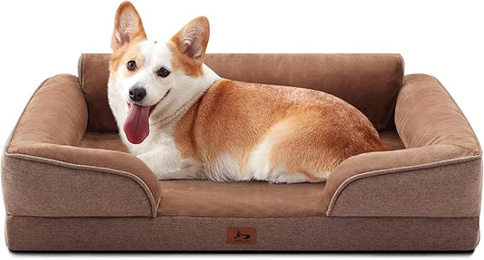 Orthopedic Dog Beds for Large Sized Dogs, Waterproof Egg-Crate Foam Pet Couch Bed with Soft Sides, Non-Slip Dog Sofa with Flannel Removable Washable Cover, 35" L Supportive Pet Sofa, Brown