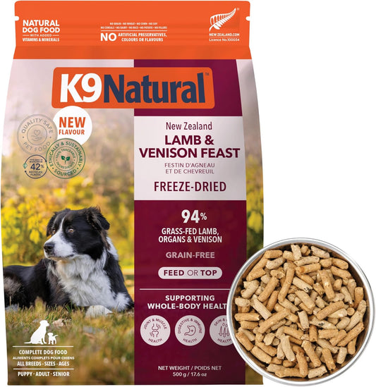 K9 Natural Lamb and Venison Freeze Dried Dog Food, High-Meat and Natural Complete Meal or Meal Toppers for Dogs, Grass-Fed Lamb and Venison from New Zealand, Grain-Free, GMO-Free, 17.6 Ounces