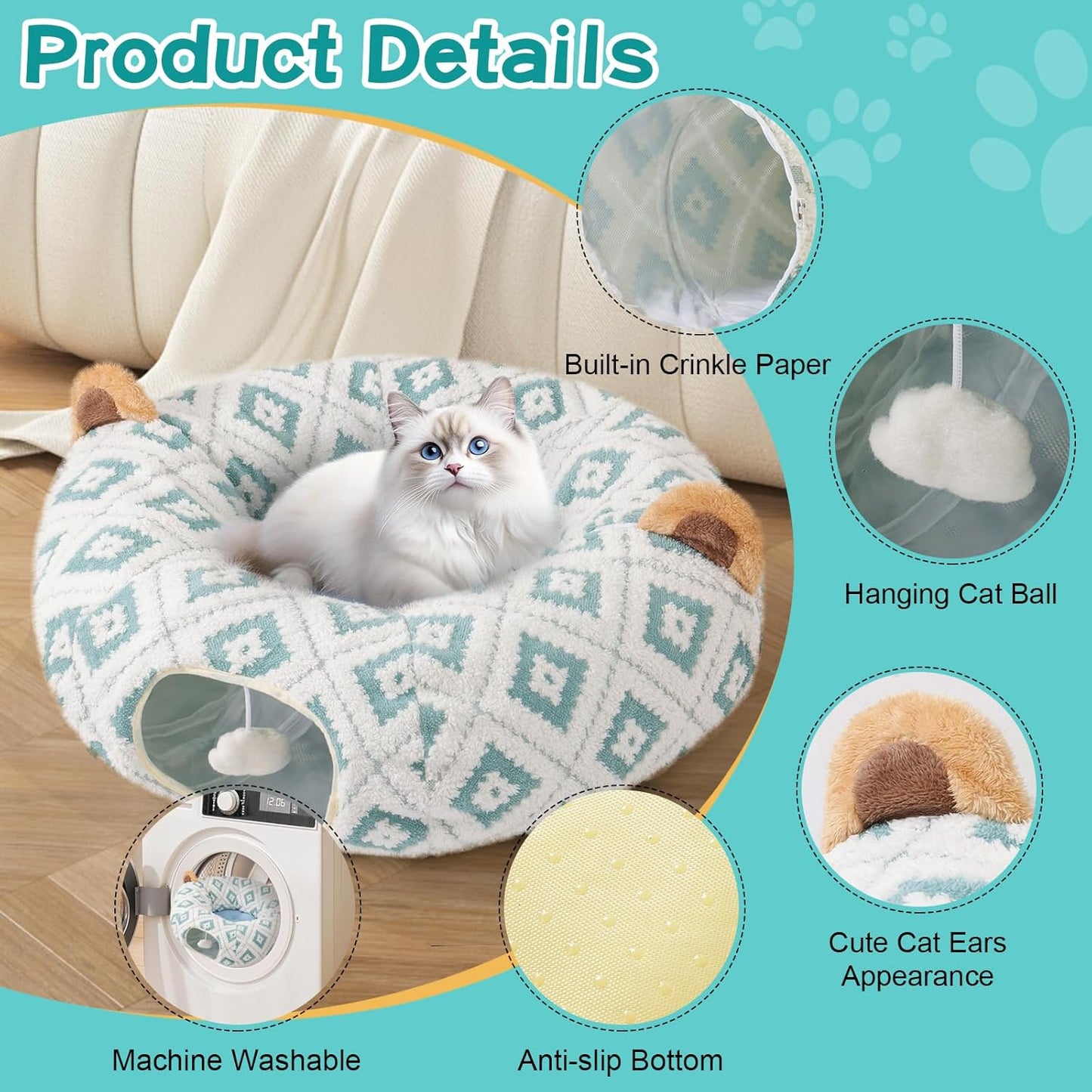 Cat Tunnel Bed with Soft Cushion, Cat Donut Tunnels for Indoor Cats, Peekaboo Cat Cave Toy, Multifunctional Playground Toys for Kittens, Rabbit, Blue Jacquard Pattern