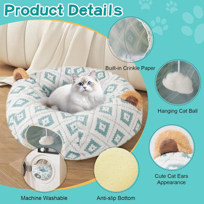 Cat Tunnel Bed with Soft Cushion, Cat Donut Tunnels for Indoor Cats, Peekaboo Cat Cave Toy, Multifunctional Playground Toys for Kittens, Rabbit, Blue Jacquard Pattern