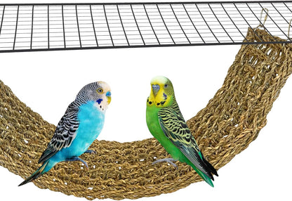 SIMENA Seagrass Mat for Birds, Natural Grass Woven Bird Net Hammock, Climbing Rope Ladder, Chew Toys for Parrots Lovebirds Cockatiels Conures Budgies, Cockatoos (Large)
