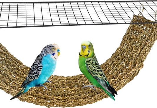 SIMENA Seagrass Mat for Birds, Natural Grass Woven Bird Net Hammock, Climbing Rope Ladder, Chew Toys for Parrots Lovebirds Cockatiels Conures Budgies, Cockatoos (Large)
