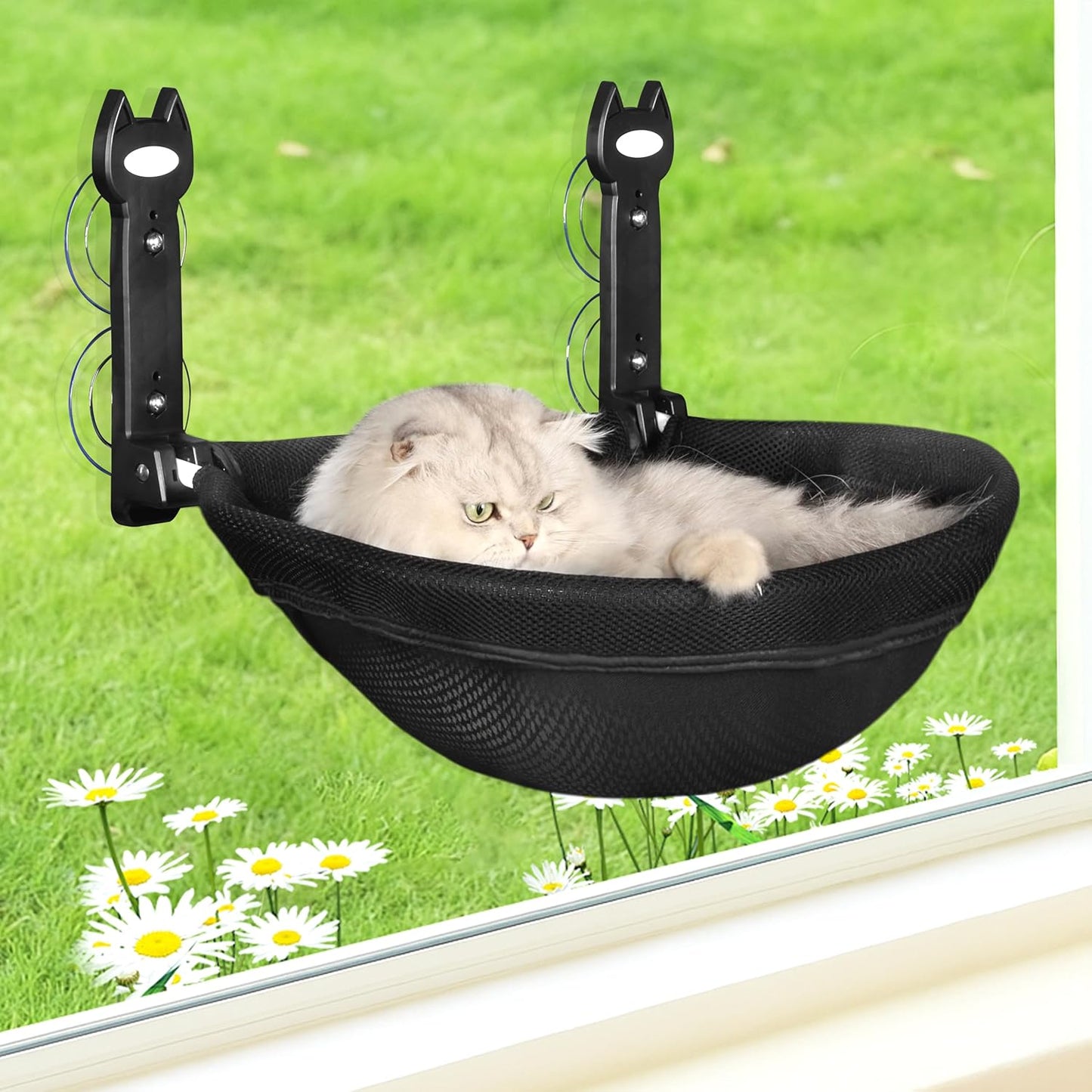 Cat Window Perch, Foldable Cat Hammock with Sunken Design, Breathable Cordless Window Bed with Stud Metal Frame for Large Cats and Kitten (Black Deep Perch, Medium)