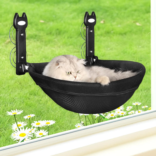 Cat Window Perch, Foldable Cat Hammock with Sunken Design, Breathable Cordless Window Bed with Stud Metal Frame for Large Cats and Kitten (Black Deep Perch, Medium)
