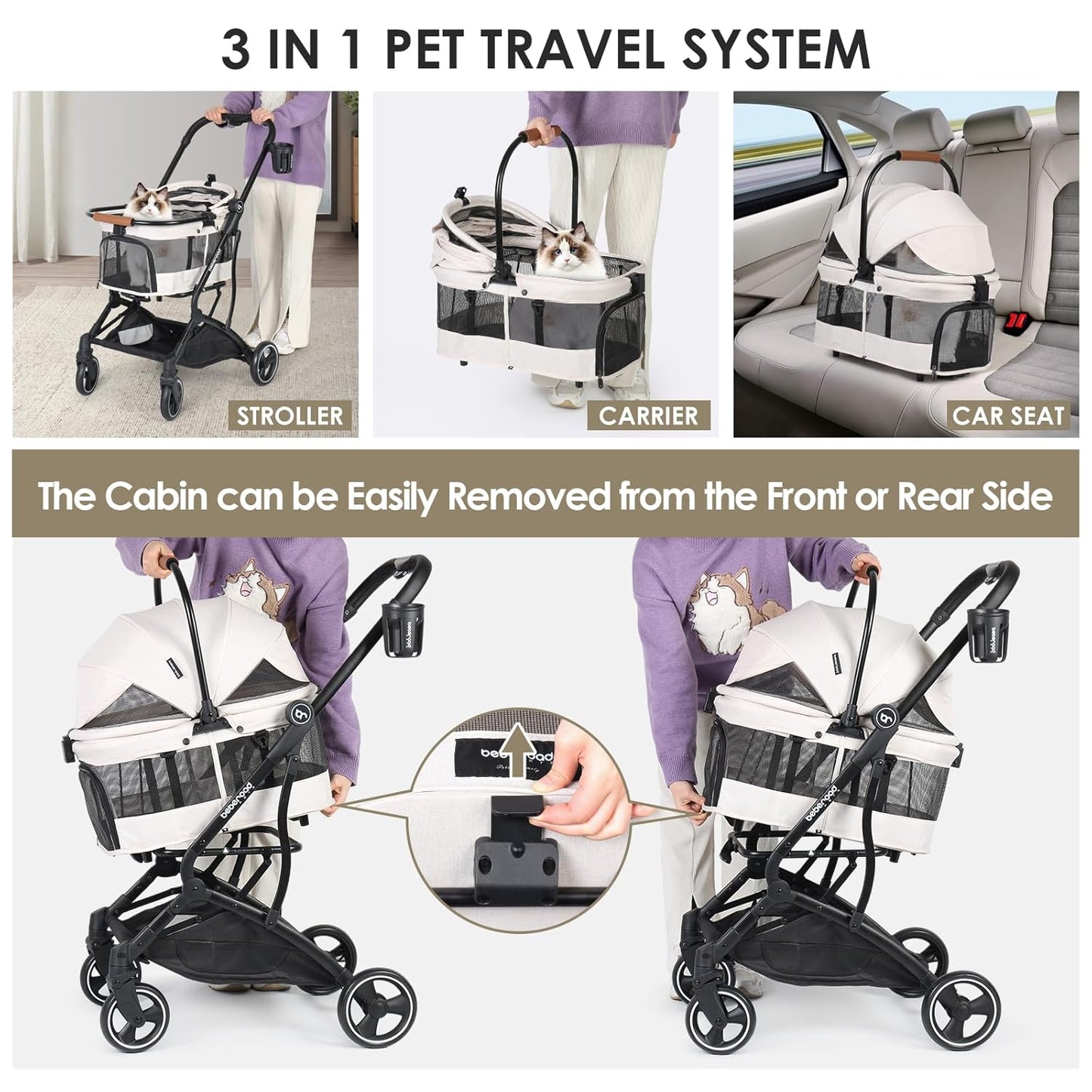 T3 Foldable Pet Stroller for Small Dogs & Cats – 3-in-1 Lightweight Design, 180° Canopy & Detachable Carrier (Beige)