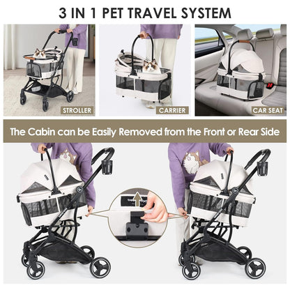 T3 Foldable Pet Stroller for Small Dogs & Cats – 3-in-1 Lightweight Design, 180° Canopy & Detachable Carrier (Beige)