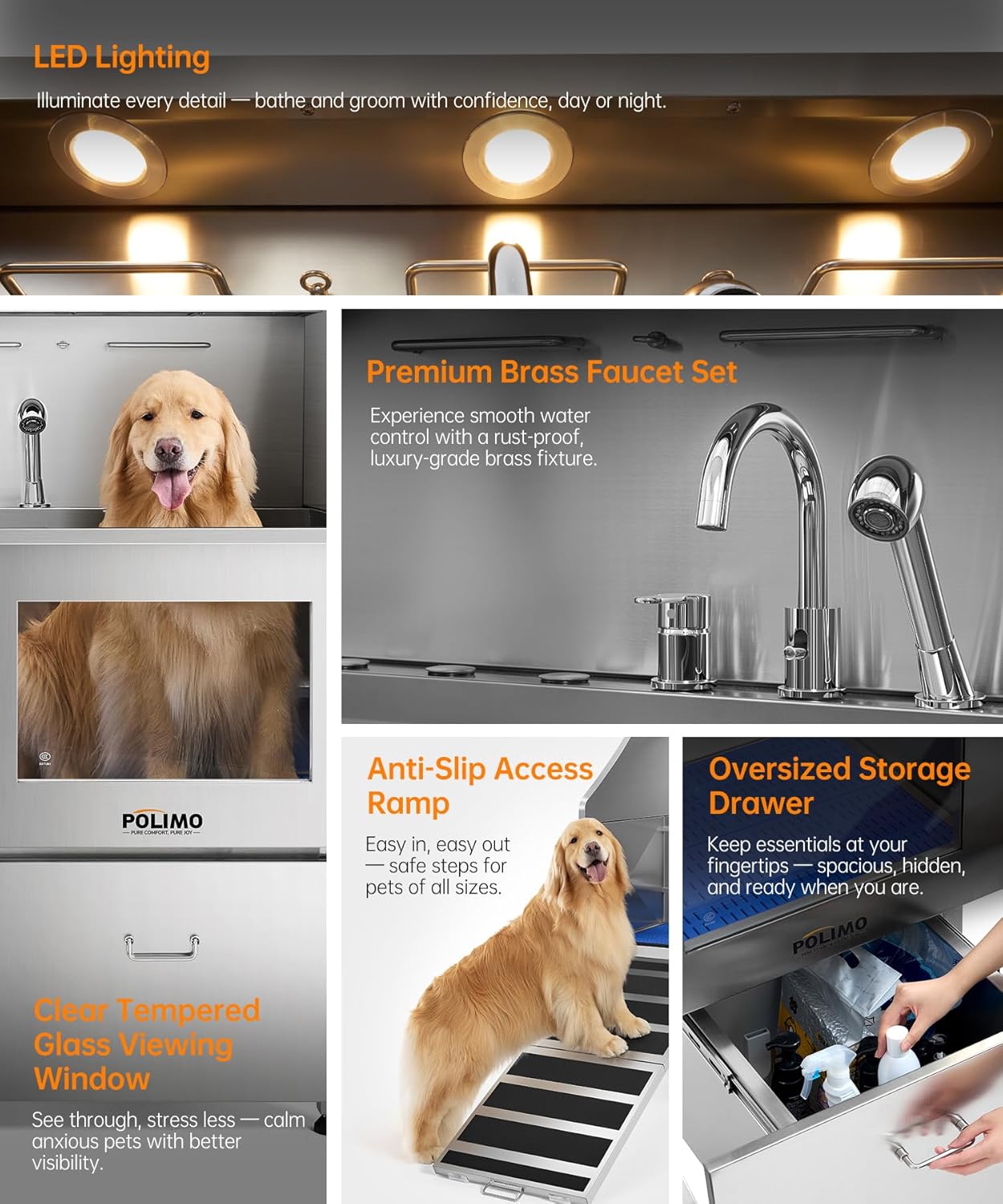 POLIMO Dog Washing Station, LED Professional Stainless Steel Dog Bathing Station 50", Dog Grooming Tub for Large, Medium & Small Dog - with Window, Ramp, Drawer, Floor Grate & Faucet (Left Ramp, 50")