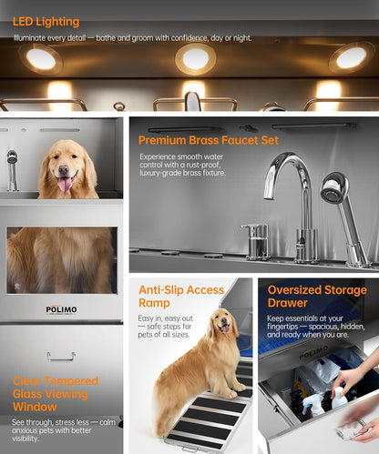 POLIMO Dog Washing Station, LED Professional Stainless Steel Dog Bathing Station 50", Dog Grooming Tub for Large, Medium & Small Dog - with Window, Ramp, Drawer, Floor Grate & Faucet (Left Ramp, 50")
