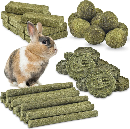 ERKOON 50Pcs Bunny Chew Toys, 100% Natural Timothy Hay Biscuit&Treats Sticks, Chew Toy for Teeth for Rabbit Chinchilla Guinea Pig Hamster Gerbil Squirrel, 17oz