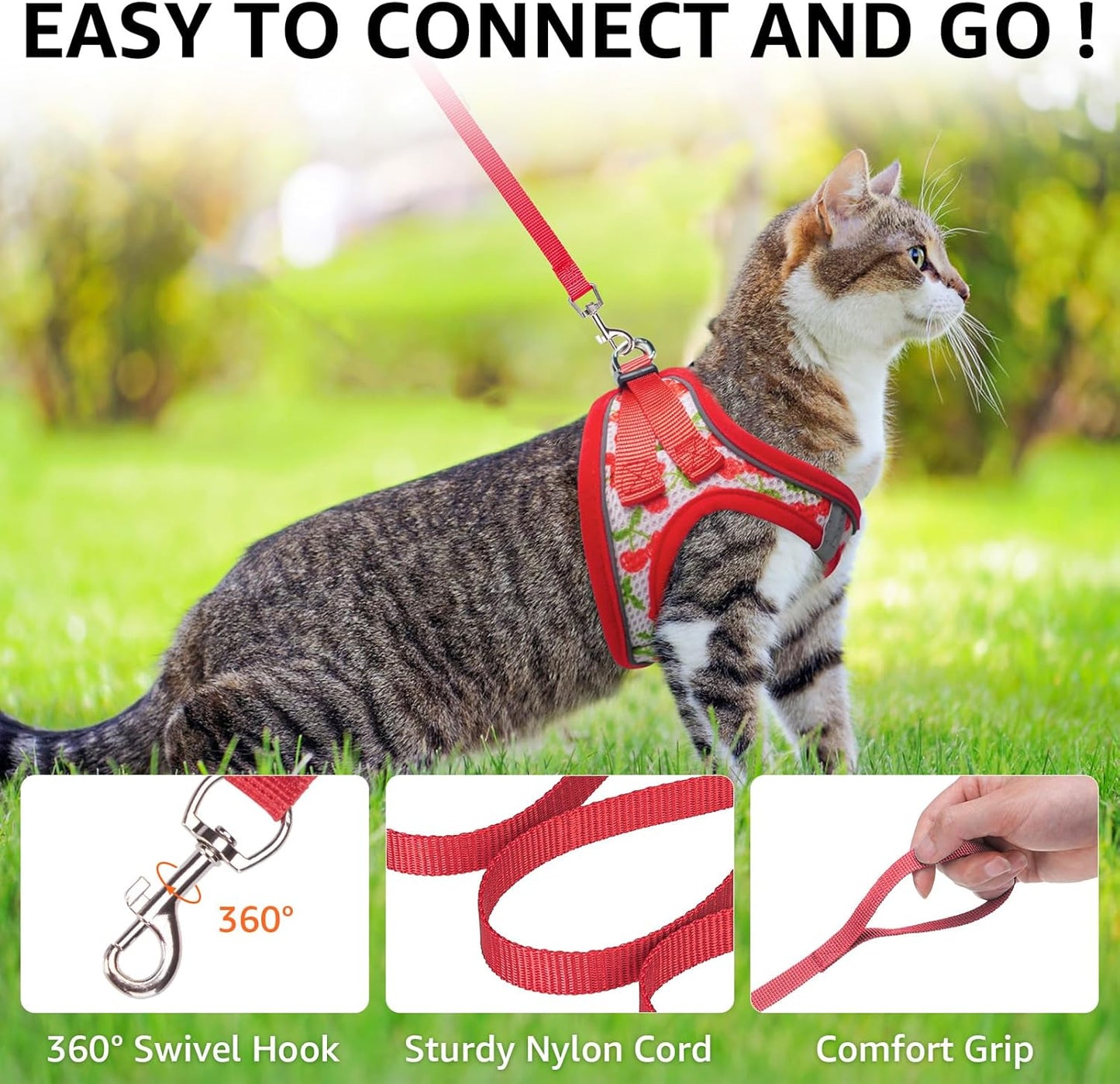 SCENEREAL Cat Harness & Leash Set Escape Proof - Adjustable Air Mesh Vest with Reflective Strips for Kittens, Puppies, Rabbits, Cherry M