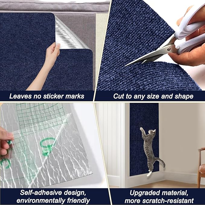 Cat Scratching Mat, 118.5"x15.9" Trimmable Self-Adhesive Cat Scratch Carpet, Couch Protector from Cats Claws, Furniture Corner Protectors for Cats, Indoor Furniture Protection for Chair (Dark Blue)