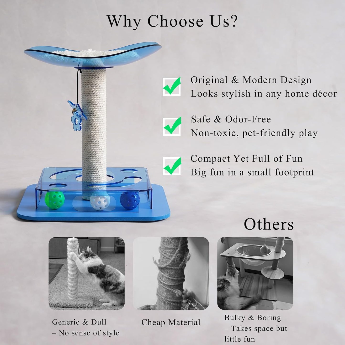 Modern 3-in-1 Interactive Cat Toy with Puzzle Box, Cat Bed/Perch & Scratching Posts, Colorful Jingle Balls, Dangling Accent, Puzzle Toys for Indoor Cats, Acrylic, Blue