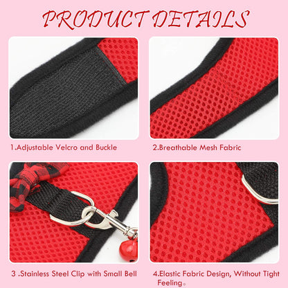 SATINIOR 2 Pieces Guinea Pig Bunny Harness Soft Mesh Hamster Rat Leash with Safe Bell, Ferret Pig Clothes and Leash Set for Hamster Ferrets Rats Bunny Guinea Chinchilla Teacup Chihuahua(S,Black, Red)