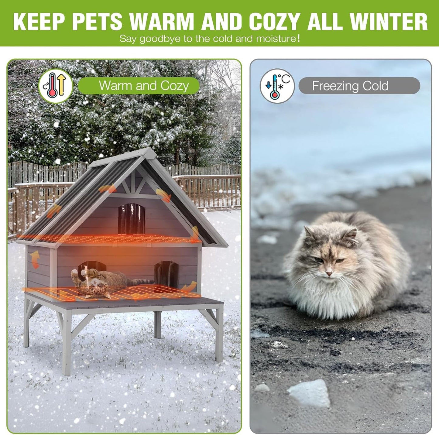 GUTINNEEN Heated Cat House 2-Level Large Outdoor Cat House Insulated Weatherproof Feral Cat Shelter with 2 Heating Pads, Insulated All-Round Thermal Liner, Large Porch, 3 Escape Doors for 1-6 Cats