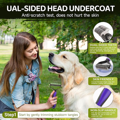 Dog Brush Kit – 3 PCS Grooming Set with Self-Cleaning Brush, Undercoat Rake & Pet Bath Brush. Great for Shedding, Tangles & Dirt Removal – Ideal for Long & Short Haired Dogs & Cats, Green