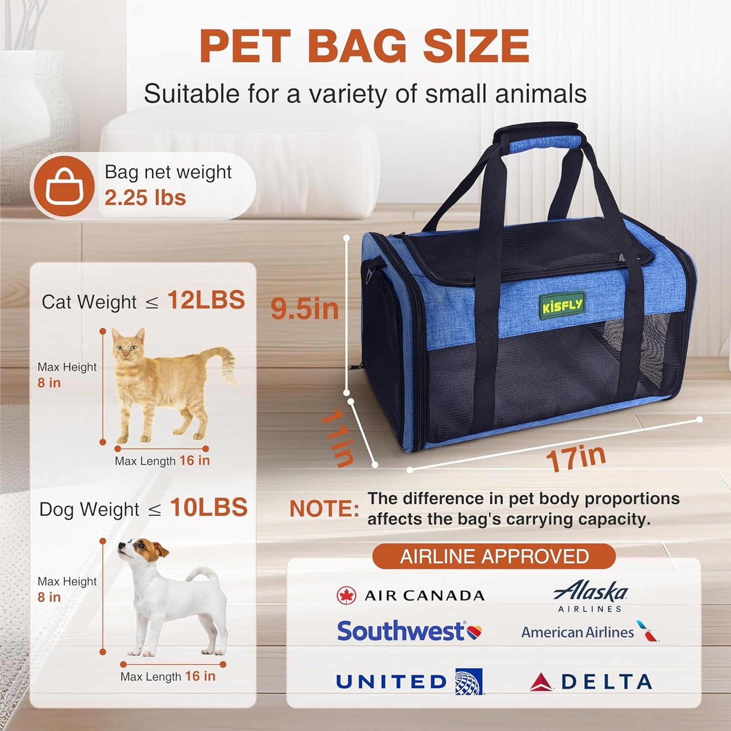 TSA Approved Pet Carrier in Cabin, 17"x11"x9.5" Soft Cat Carriers for Small Cats up to 12 lb, Top-Open Portable Dog Carrier with Litter Box and Anti-Scratch Mesh for Puppy up to 10 lb, Blue