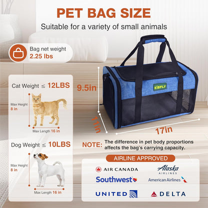 TSA Approved Pet Carrier in Cabin, 17"x11"x9.5" Soft Cat Carriers for Small Cats up to 12 lb, Top-Open Portable Dog Carrier with Litter Box and Anti-Scratch Mesh for Puppy up to 10 lb, Blue