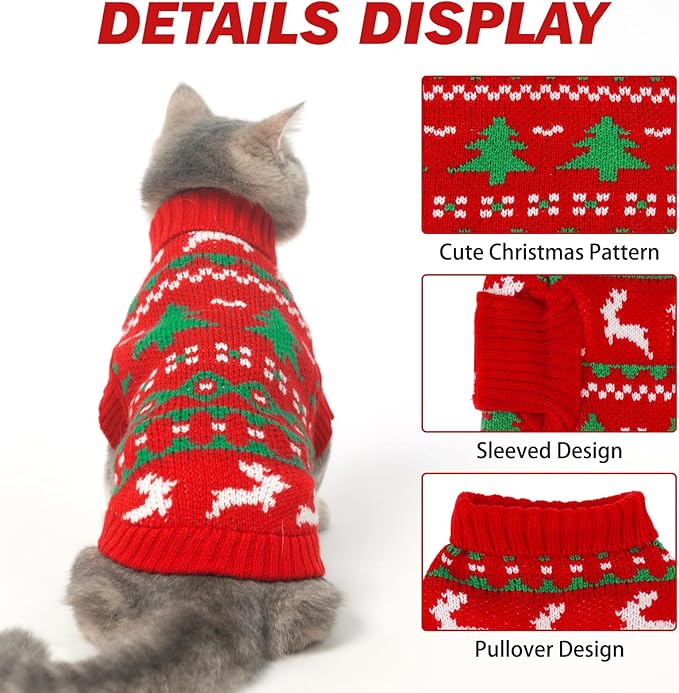 KOOLTAIL Cat Sweater Turtleneck- Soft Knit Cat Christmas Sweaters for Cats Only, Elk Christmas Tree Pattern Thick Warm Cold Weather Pet Clothes Outfit for Small Medium Large Size Kitten Puppy Red S