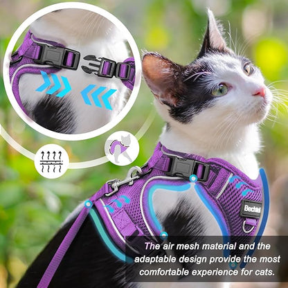 Cat Harness and Leash for Walking, The Upgrade Can be Adjusted in Four Directions and Breathable Cat Harness for Anti Escape That can be Fitted and Positioned, Reflective Strips Harness, Purple,S