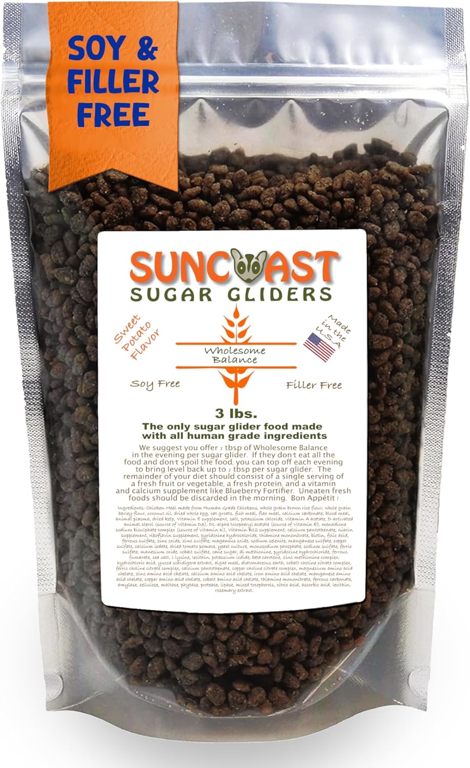 Wholesome Balance Food - Complete Nutrition with High Animal Protein, Calcium, Vitamins & Minerals, Premium Dense Food for Sugar Gliders and Small Animals - Sweet Potato, 3 lbs