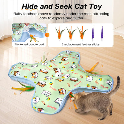 New Interactive Cat Toy for Indoor Cats Hide and Seek Cat Toy for Bored Indoor Adult Cats, Automatic Cat Kitten Toy with Moving Concealed Feathers, Non-Slip Suction, USB Rechargeable