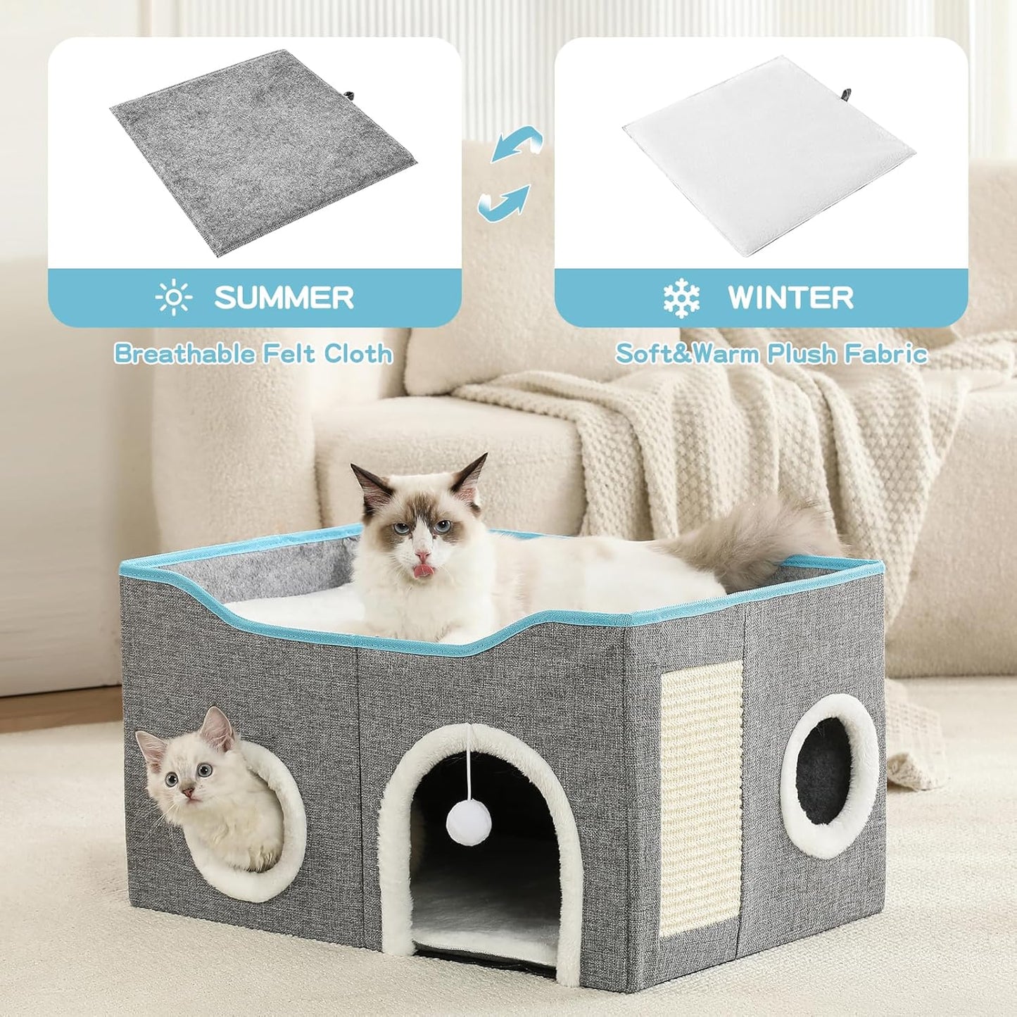 Large Cat Bed for Indoor Cats, Extra Wide Cat Cave House with Scratch Pad and Fluffy Ball, Foldable Cat Hideaway for Kitten Bed, Cat Condo for Cats (Grey, X-Large)