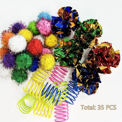 Cat Toys for Indoor,35 Pack Interactive Cat Toy Pack Including Crinkle Balls,Sparkle Balls,Spiral Springs for Most Cats,Interactive Toys for Cats Ball Toys Products Kitten Toys Random Color