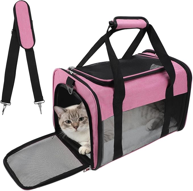 Pet Carrier, Breathable Mesh Design, Soft Cat Carrier with Shoulder Strap, Comfortable Travel Solution, Pink