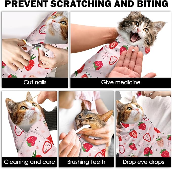 27.6" Cat Grooming Wrap, Self Adhesive Cat Wrap for Cutting Nails, Anti-Escape Cat Swaddle Wrap for Medicine Ear Cleaning, Strawberry Anti-Scratch Cats Burrito Restraint Blanket, Pet Tool (6-10 lbs)