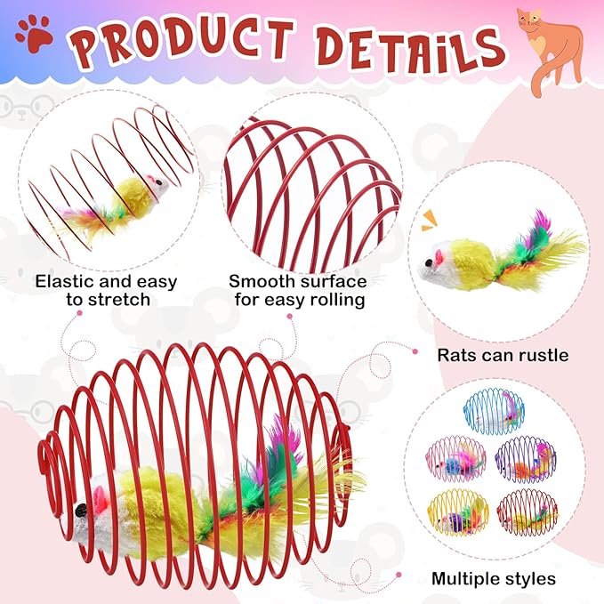 Jecery 5 Pcs Halloween Cat Spring Balls Toys Stretchable Rolling Balls Colorful Playful Coils Interactive Spring Action Toy Caged Rats for Kitten Cat Pet Supplies(Cute Mouse,Bright Color,5 Pcs)