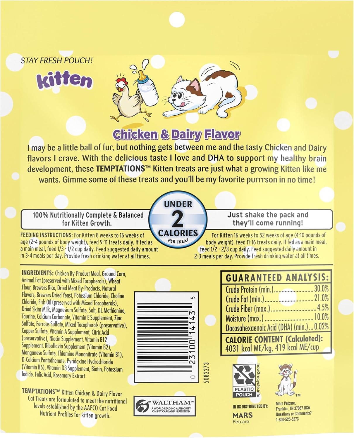 Temptations Kitten Crunchy and Soft Cat Treats Chicken and Dairy Flavor, 6.3 oz. Pouch, (Pack of 10)