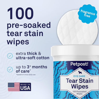 Petpost Tear Stain Remover Wipes for Dogs | 100 Count Gentle Eye Wipes with Juniper Berry & Coconut | Dog Face Wipes for Tear Stains & Eye Discharge | Soft Cotton Pads, Bleach Free