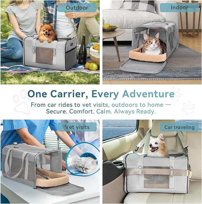 Petsfit Travel Pet Carrier for Large Cats (up to 20 lbs), Soft-Sided Dog Car Travel Carrier with Patented Buckle and Soft Padding, Ideal for Car Road Trips,19X12X12 Inch,Grey
