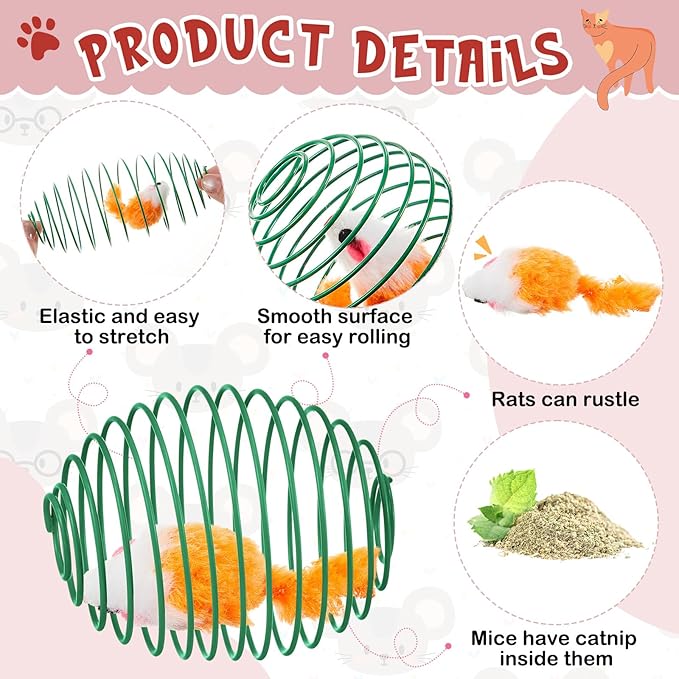 Jecery 5 Pcs Halloween Cat Spring Balls Toys Stretchable Rolling Balls Colorful Playful Coils Interactive Spring Action Toy Caged Rats for Kitten Cat Pet Supplies(Catnip Rats,Bright Color,5 Pcs)
