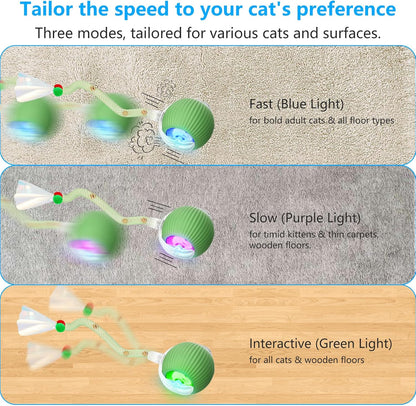 2Packs Interactive Cat Toys for Indoor Cats, Interactive Cat Ball Toy with Elastic Mesh Tail, Automatic Cat/Kitten Toys with Chirping & Motion Activate, Cat Toys for Bored Indoor (Yellow+Green)