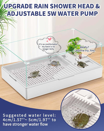Large Turtle Tank (Tank + Water Pump), Acrylic Turtle Tank Starter Kit with Upgrade Rain Shower Head, Adjustable 5W Water Pump, Higher Fences and Multi-Function Areas. (L)