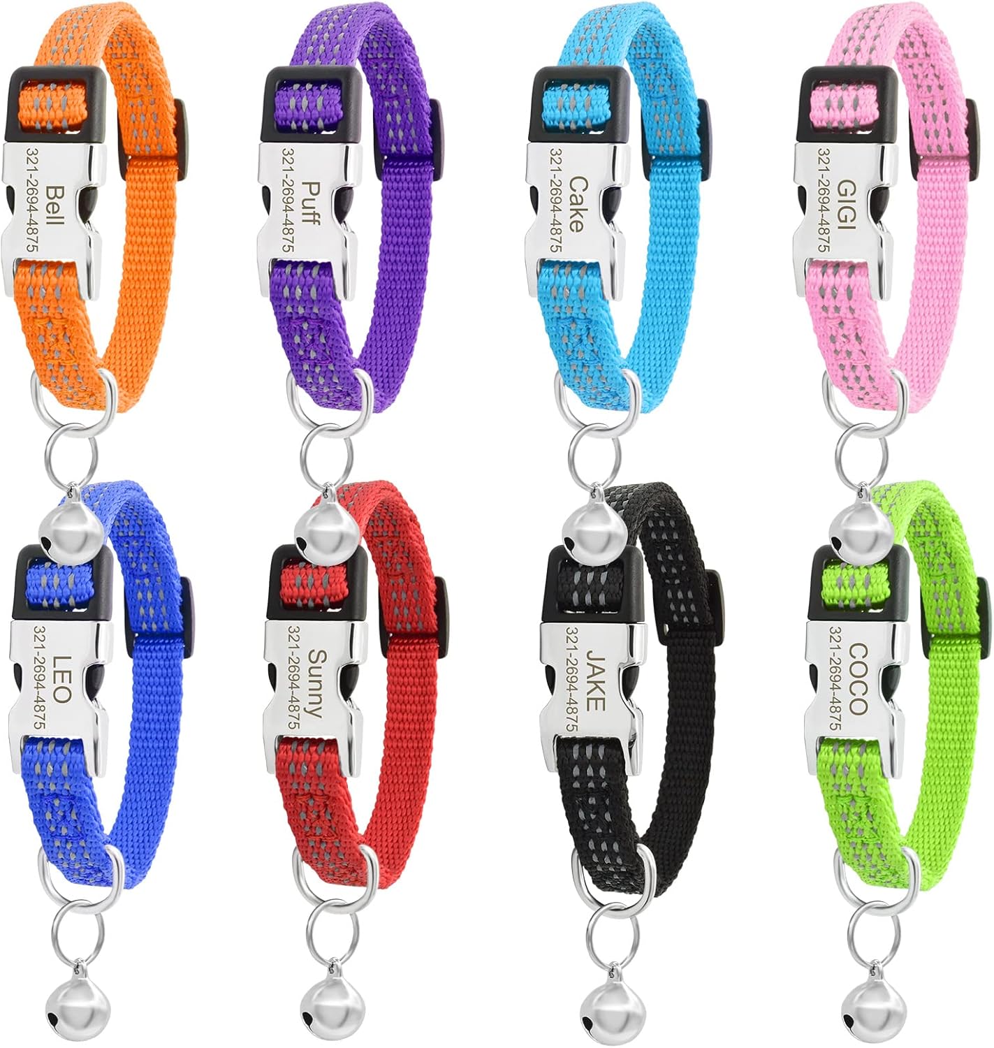 Personalized Reflective Nylon Cat Collar with Name Phone,Custom Engraved Buckle Cat Collar with Bell,Adjustable for Small Dogs Puppy Kitten (Orange,fit 7.5''-12.0'')