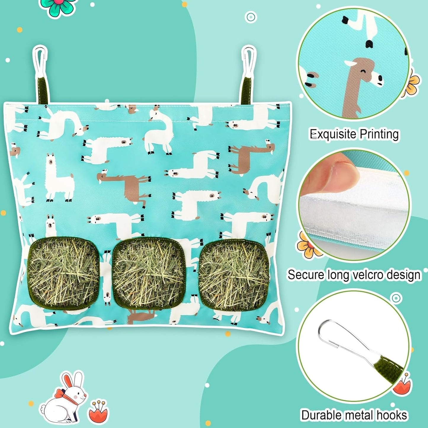 UPINS 2 Hay Bag for Rabbits 3-Hole Guinea Pig Hay Bags Hanging Hay Feeder, Hay Feeder for Rabbits Small Pets Chinchillas Hamstersand Animals