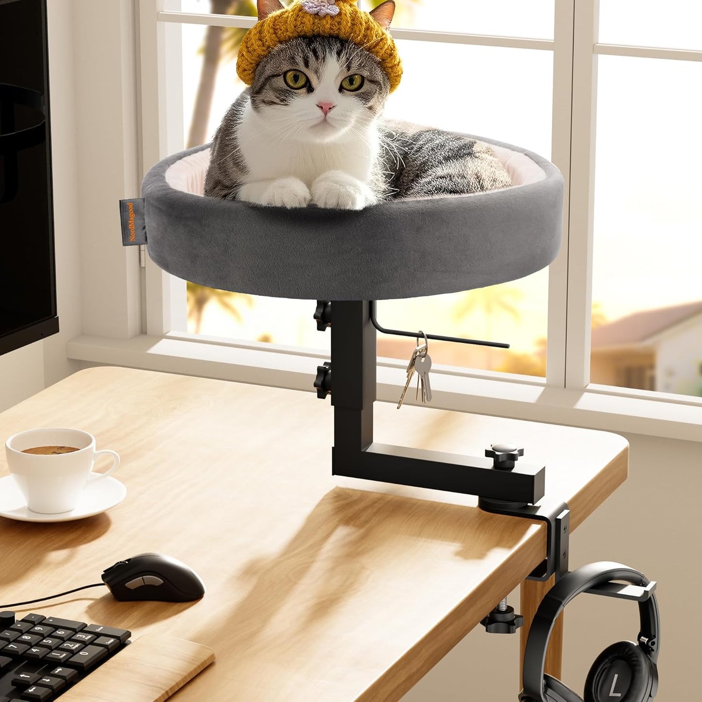 Cat Bed for Desk – Adjustable Metal Cat Bed with Headphone Holder, Scratch-Resistant Pet Shelf for Small Spaces, Modern Desk Cats Perch for Home/Office - Gray