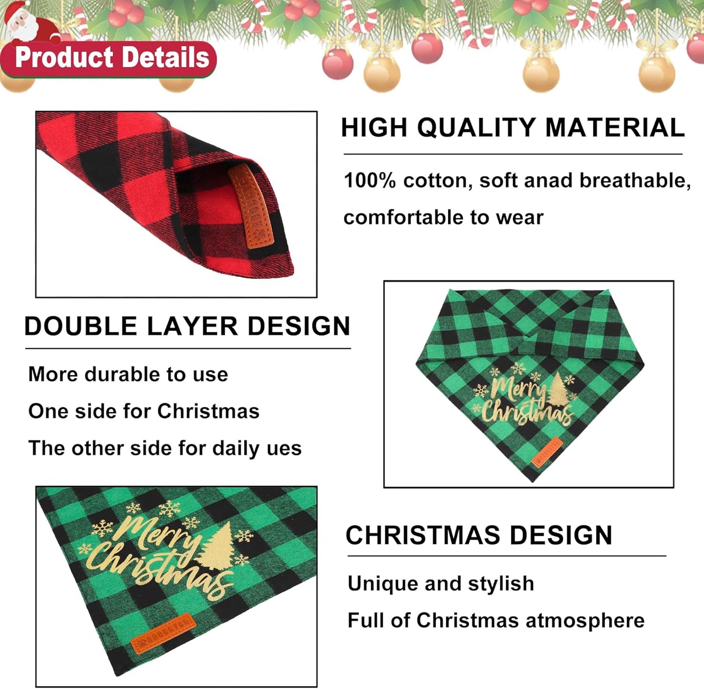 ADOGGYGO 2 Pack Dog Bandana Christmas Classic Plaid Triangle Pet Scarf Bibs Kerchief Merry Christmas Bandanas for Small Dogs Pets (Small)