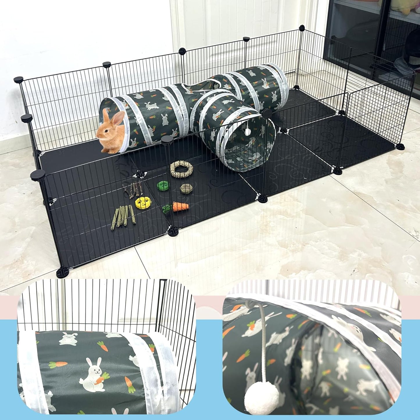 LUCKITTY Rabbit Tunnel Toy, Collapsible 3-Way Hideout Tunnel with Chew Toys for Rabbits, Guinea Pigs, Ferrets, Kittens & Small Pets - Gray & White Bunny Carrot Design Hideout (33"x20"x9.5")