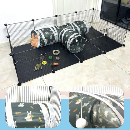 LUCKITTY Rabbit Tunnel Toy, Collapsible 3-Way Hideout Tunnel with Chew Toys for Rabbits, Guinea Pigs, Ferrets, Kittens & Small Pets - Gray & White Bunny Carrot Design Hideout (33"x20"x9.5")